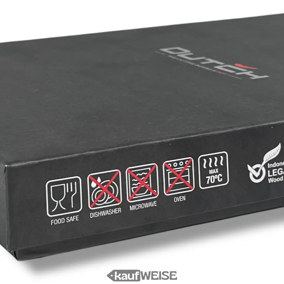 Schwarzes rechteckiges Outok-Box mit Lebensmittelsicherheitssymbolen für DUTCH 3-in-1 Teak Schneidebrett