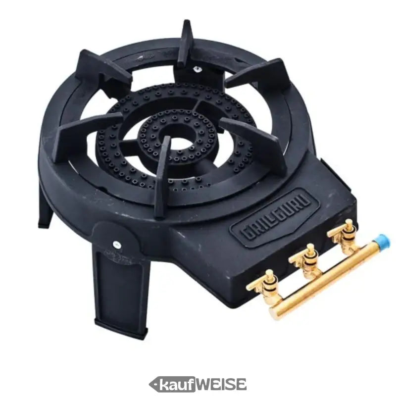 Schwarzer Gasbrenner aus Plastik mit Messingarmaturen und blauem Ventil