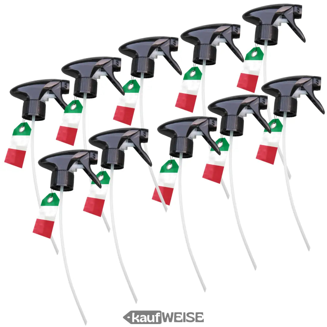 Schwarze Sprühflaschen mit italienischen Flaggenanhängern im Set für Chemikalien