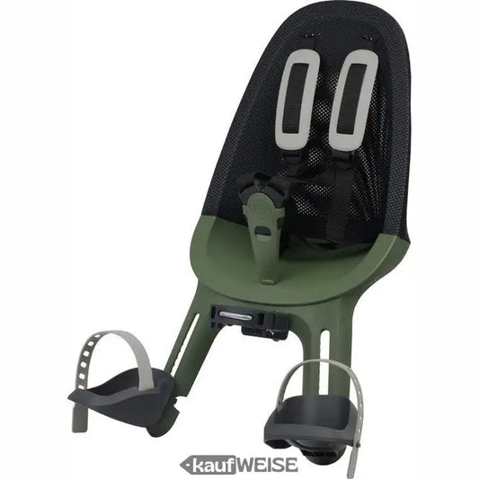 Dunkelgrüner und schwarzer Kinderfahrradsitz mit Sicherheitsgurt und Fußstützen