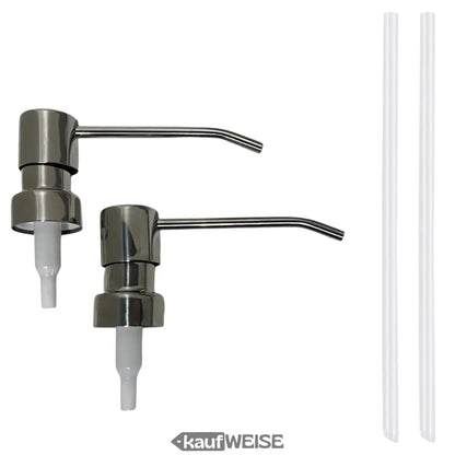 Zwei Edelstahl Seifenspender mit Kunststoffschläuchen in modernem Pumpen Set